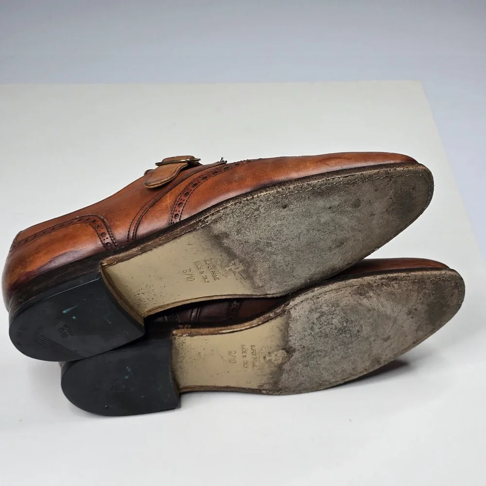 Brooks Brothers Peal & Co Mens Tan Leather Wingtip Monk Strap Shoes 10.5 D UK